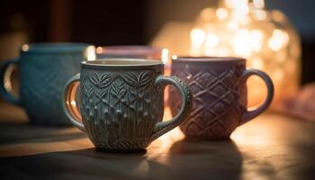 Romantic winter night, hot tea in old fashioned mug on wooden table generated by AI photo