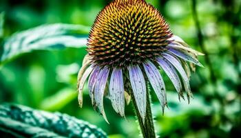 Fresh yellow coneflower in formal garden, focus on foreground beauty generated by AI photo