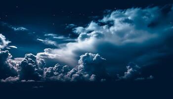 Shiny moonlight illuminates panoramic horizon, fluffy clouds pattern the sky generated by AI photo