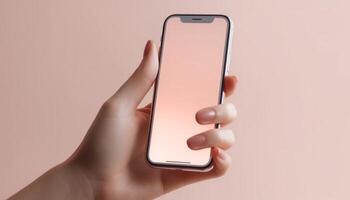 Young adult holding smart phone, using touch screen for text messaging generated by AI photo