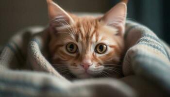 Cute domestic kitten resting, staring with playful curiosity at camera generated by AI photo