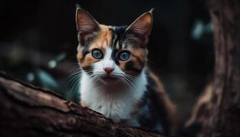 linda gatito sentado en césped, curioso con vigilancia a cámara generado por ai foto