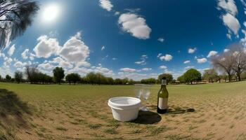 Wine bottle rests on grassy meadow, surrounded by vineyard growth generated by AI photo