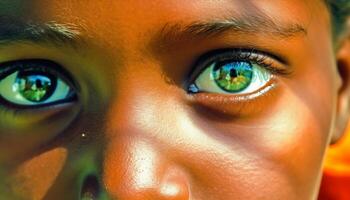 Child innocent eye reflects beauty in nature, staring at sunlight generated by AI photo