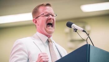 One businessman, a public speaker, holding a microphone, performing generated by AI photo