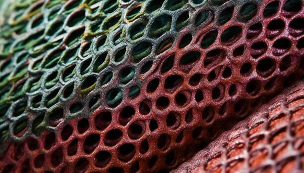 Multi colored fish in a row swim through a netting hole generated by AI photo