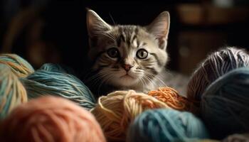 Fluffy kitten playing with ball of wool, surrounded by creativity generated by AI photo