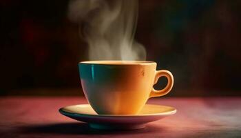 Hot steam rises from fresh coffee in dark wooden mug generated by AI photo