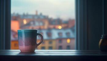 Looking through window, coffee cup on table, cityscape background generated by AI photo