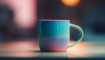 Hot coffee in blue mug on wooden table, no people generated by AI photo