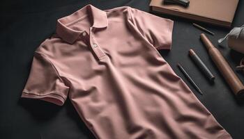 Fashionable men black t shirt on wooden table in studio shot generated by AI photo