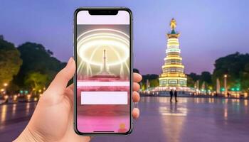 Hand holding smart phone shows illuminated city skyline at dusk generated by AI photo