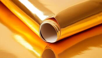 Smooth gold colored metallic tube rolled up on clean steel backdrop generated by AI photo