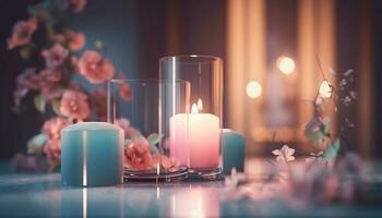 Romantic candlelight illuminates elegant table decoration for wedding celebration generated by AI photo