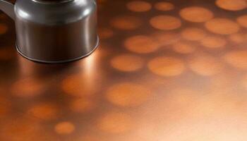 Shiny metallic drop on stainless steel table reflects abstract pattern generated by AI photo