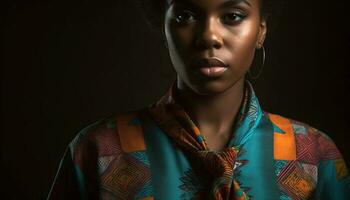 Beautiful young woman exudes confidence in traditional African clothing generated by AI photo