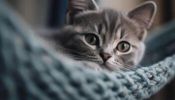 linda gatito curioso a cámara, descansando en suave azul sofá generado por ai foto