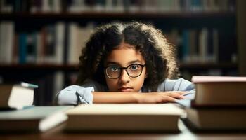 uno niño estudiando literatura en un biblioteca lleno de libros de texto generado por ai foto
