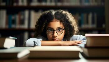 One child studying literature in a library full of textbooks generated by AI photo