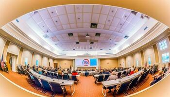 Modern education seminar empty lecture hall, no people, learning equipment generated by AI photo