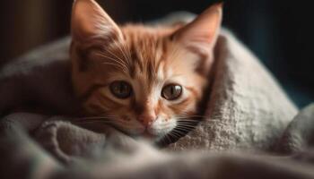 Curious ginger kitten staring with playful charm, comfortable and fluffy generated by AI photo