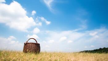 Summer picnic basket on green meadow, surrounded by nature beauty generated by AI photo