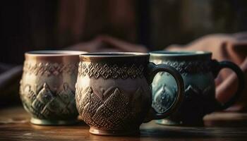 rústico elegancia caliente té en antiguo vajilla en de madera mesa generado por ai foto