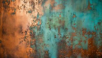 Rusty old metal plate with stained orange backdrop and scratches generated by AI photo