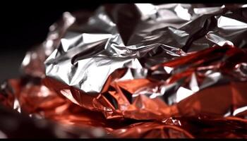 Metallic chocolate package wrapped in crumpled foil on abstract backdrop generated by AI photo