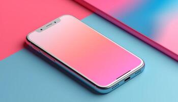 Modern smart phone with touch screen on pink background design generated by AI photo