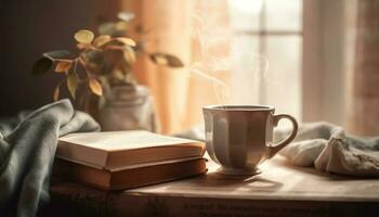 Rustic literature decorates comfortable bedroom with hot coffee on window sill generated by AI photo