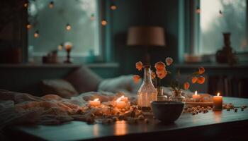 Candlelight illuminates cozy modern bedroom for comfortable winter relaxation generated by AI photo