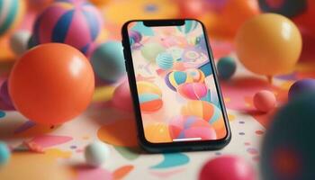 Vibrant celebration with colorful balloons, confetti, and wireless technology generated by AI photo