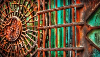 Rusty old steel wheel on dirty green background, abandoned machinery generated by AI photo