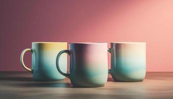 Stack of multi colored mugs on wooden table in studio shot generated by AI photo