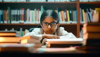 One cute elementary student sitting at desk, reading textbook happily generated by AI photo