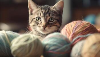 Fluffy kitten playing with wool, a cute and creative hobby generated by AI photo