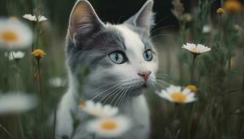 Fluffy kitten sitting in meadow, staring at chamomile beauty generated by AI photo