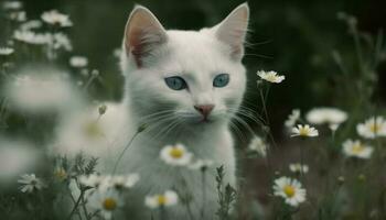 Fluffy kitten sitting in meadow, staring at daisy blossom generated by AI photo
