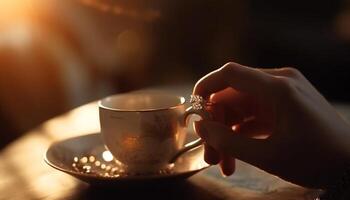 Hand holding hot coffee cup, enjoying weekend relaxation indoors generated by AI photo