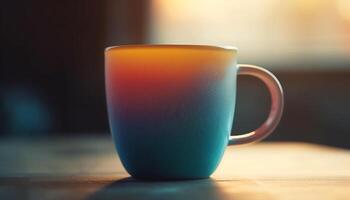 Hot coffee in a wooden mug, steam rising, no people generated by AI photo