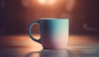 Coffee cup on wooden desk, steam rising, no people present generated by AI photo