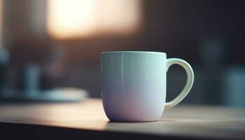 Coffee cup on wood table, close up, with copy space generated by AI photo