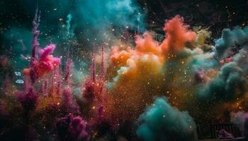 Exploding nebula creates multi colored abstract backdrop in deep space generated by AI photo