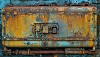 oxidado metal puerta manejar, resistido y rayado, abandonado en depósito de chatarra generado por ai foto