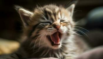 Cute kitten yawning, playful and fluffy, staring at camera indoors generated by AI photo