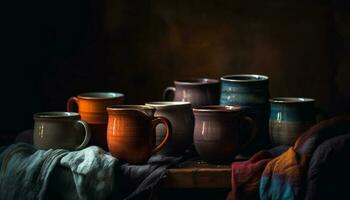 Rustic coffee mug on wooden table in cozy domestic room generated by AI photo