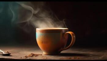 Hot coffee steams on rustic wood table, a caffeine addiction generated by AI photo