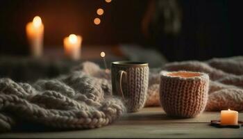 The cozy winter night was illuminated by candlelight and lanterns generated by AI photo