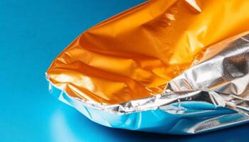 Multi colored candy packaging, crumpled and crushed against blue backdrop generated by AI photo